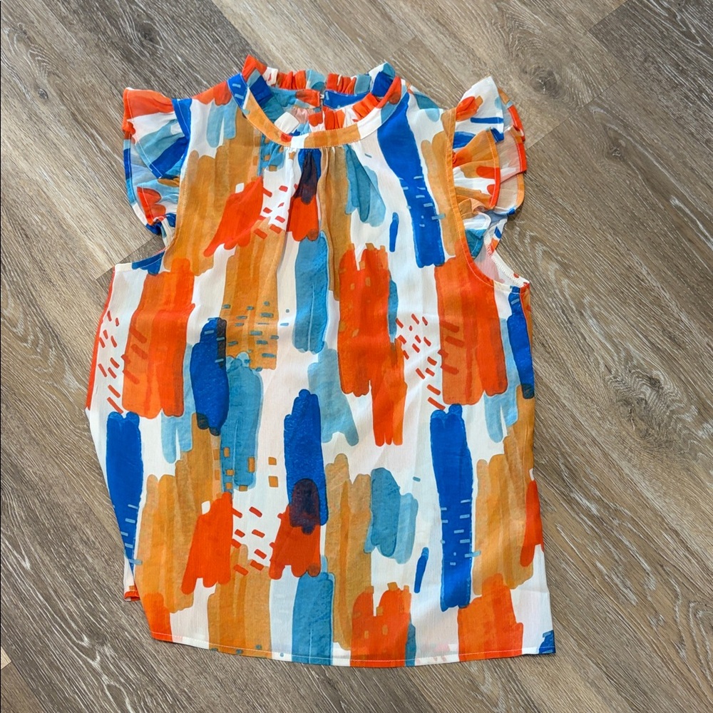 Multicolor Brushstroke Flutter Sleeve Top